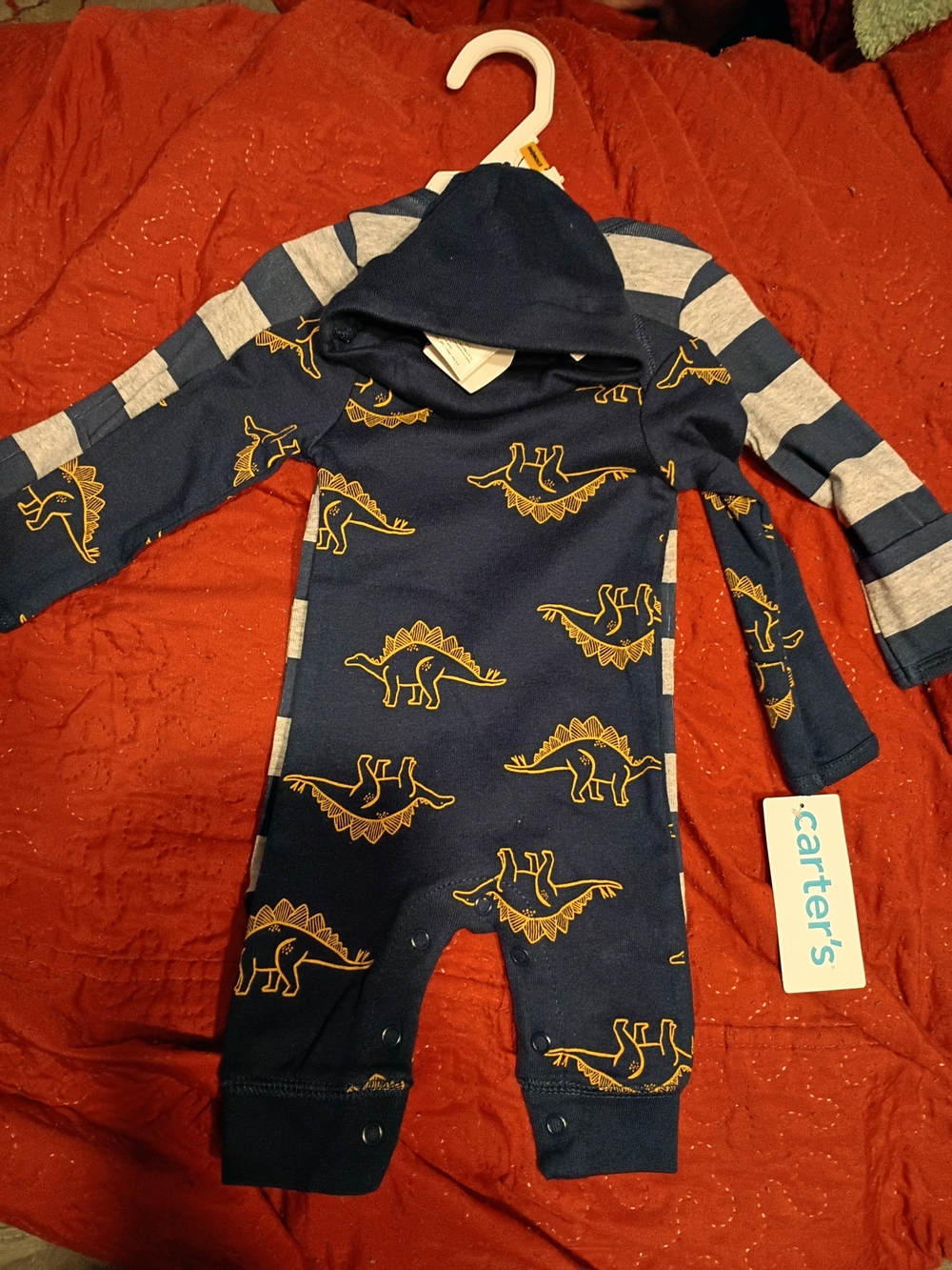 Carter's Navy Hooded Dino One-Piece with Yellow Dino Print